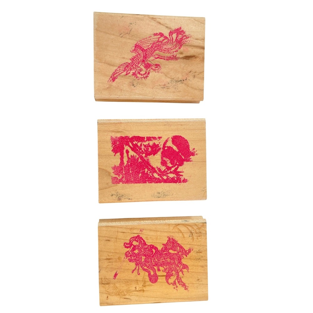 Vintage‎ Fantasy Rubber Stamp Lot 3 Wood Mounted Phoenix Dragon Squirrel Craft